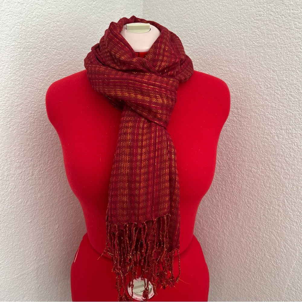 Scarf With Fringe Dark Rust Color Metallic EUC